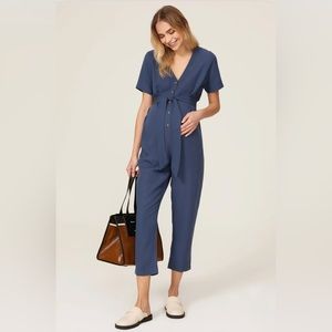 HATCH Noelle Maternity Jumpsuit Blue Sz 4 (XL) v neck short sleeve clay blue